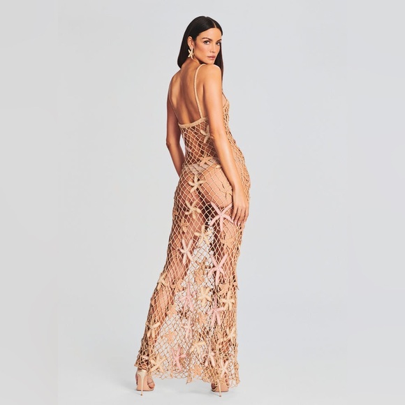 RETROFETE SERAFINA OPEN CROCHET STARFISH MAXI DRESS SIZE M/L IN ALMOND LUREX - Picture 5 of 17